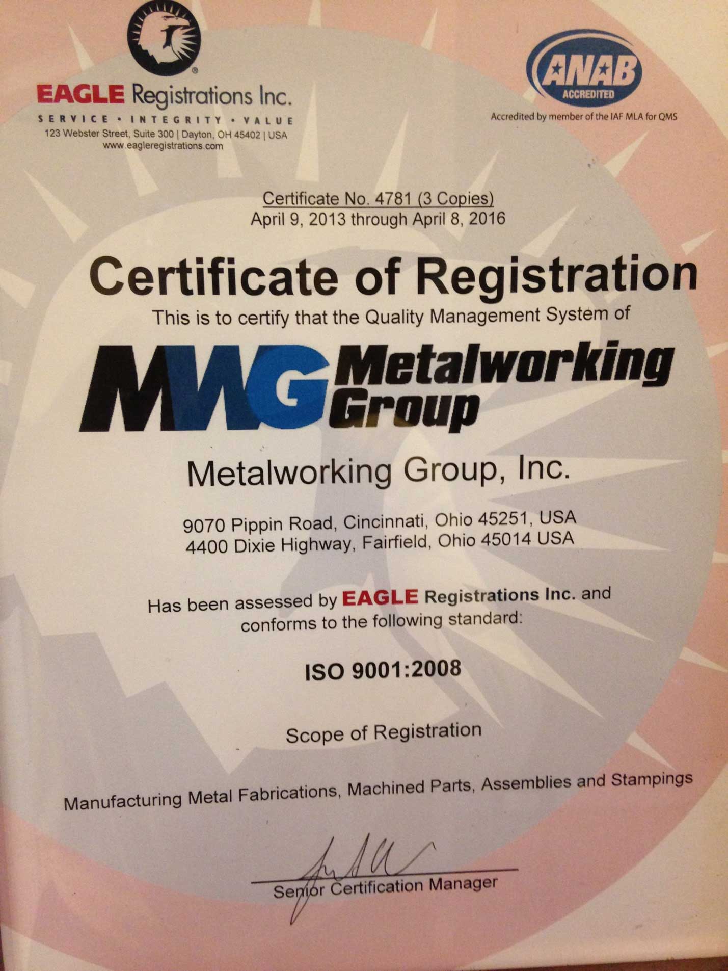 Metal Working Group ISO Certification